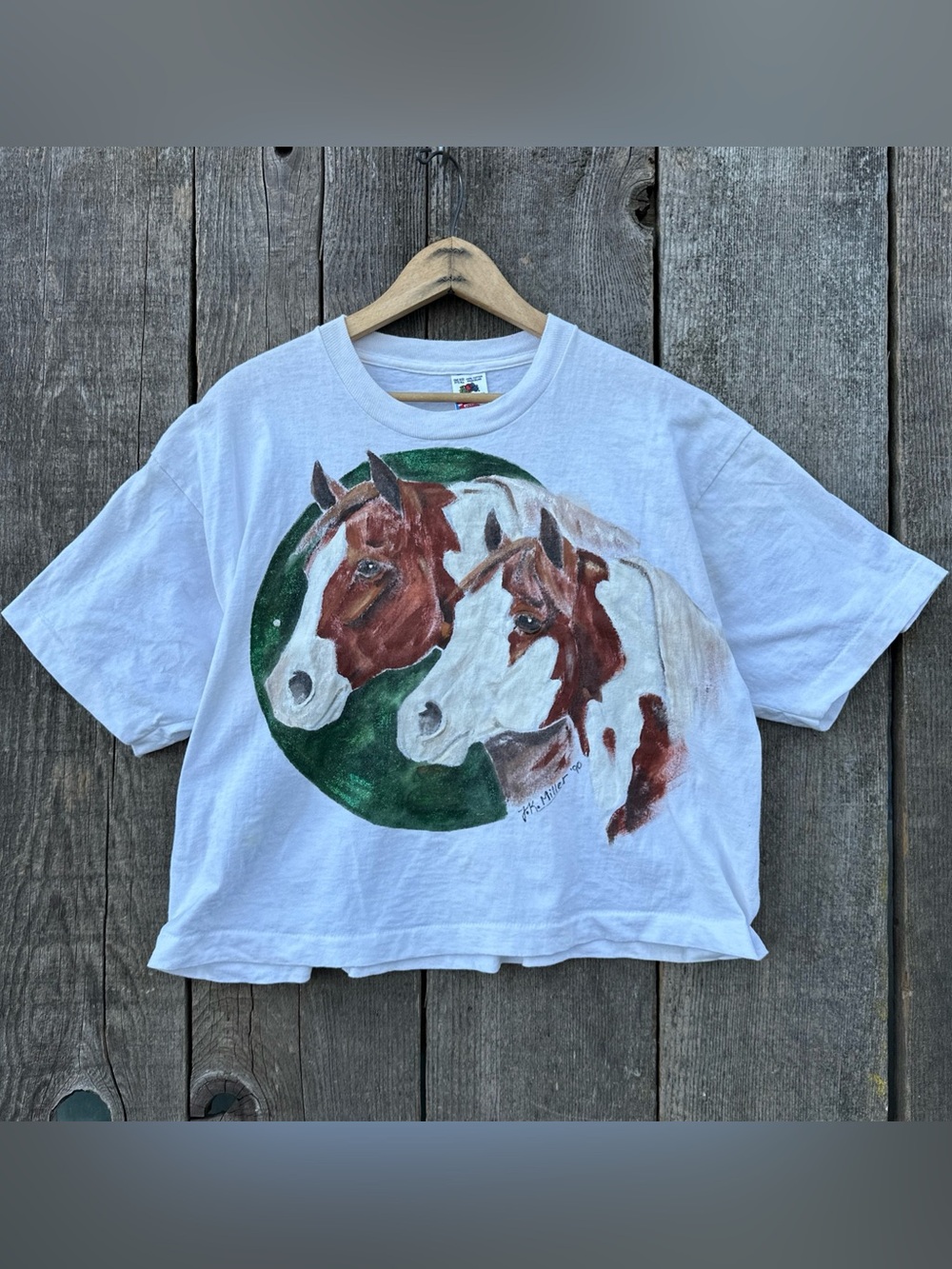 Vintage 1990 Hand Painted Horses Boxy Cropped Tee with Conchos Single Stitch OS
